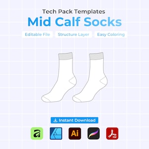 Puede incluir: Una plantilla digital para calcetines hasta la pantorrilla, con un dibujo lineal de dos calcetines. La imagen incluye el texto "Tech Pack Templates" y "Mid Calf Socks". Texto adicional indica que la plantilla es un "Editable File" con una "Structure Layer" y "Easy Coloring".
