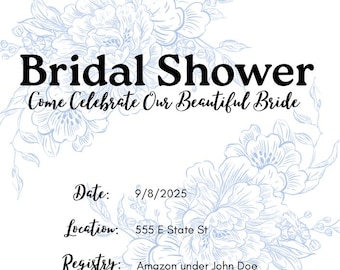 Elegant Floral Bridal Shower Invitation Template – Editable Blue Flower Design – Instant Download – Printable Bridal Invite