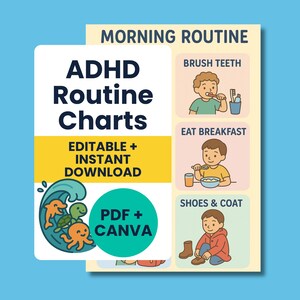以下が含まれることがあります： 「ADHDルーチンチャート」と「編集可能+インスタントダウンロード」と「PDF+Canva」のテキスト。歯磨き、朝食、靴とコートを着るイラストが描かれたモーニングルーティンチャートです。