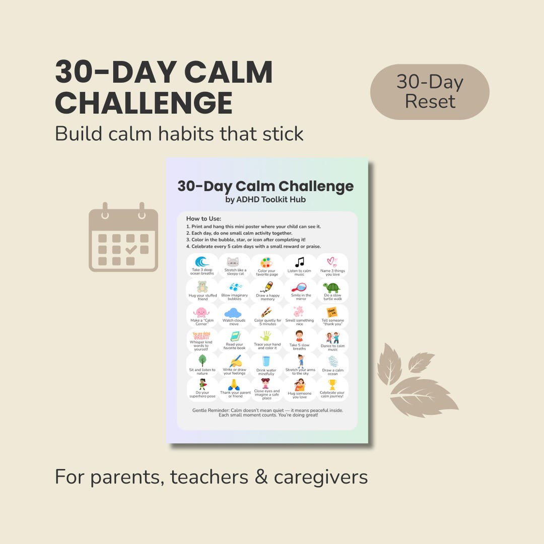 30 Day Calm Challenge Printable Adhd Parenting Reset Stress