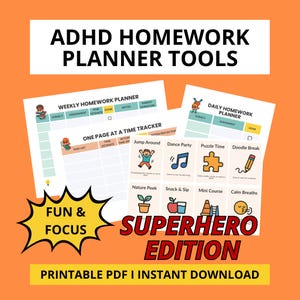 Könnte beinhalten: ADHS-Hausaufgabenplaner-Tools mit wöchentlichen und täglichen Vorlagen. Die Superhero Edition enthält einen One-Page-at-a-Time-Tracker und Aktivitätssymbole. Das Bild hat den Text "Fun & Focus" und "Printable PDF I Instant Download".