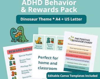 Dinosaur ADHD Behavior & Reward Charts Pack for Kids: Routines, Reward Cards (Printable, Editable Canva)