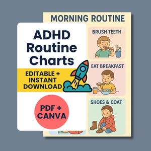 Może przedstawiać: Wykresy rutynowe ADHD z tekstem "Edytowalny + Natychmiastowe pobieranie" i "PDF + Canva". Wykres zawiera ilustracje szczotkowania zębów, jedzenia śniadania oraz zakładania butów i płaszcza. Dołączona jest również niebieska grafika rakiety.