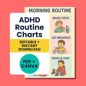 以下が含まれることがあります： 「EDITABLE + INSTANT DOWNLOAD」と「PDF + CANVA」のテキストが入ったADHDルーチンチャート。歯磨き、朝食、靴とコートを着るイラスト付きのモーニングルーティンを示しています。