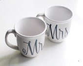 custom mr. and mrs. coffee mugs - last name and wedding date - set of two (2) black and white hand painted design