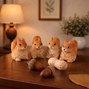 Può includere: Quattro statuette di scoiattoli in legno intagliato, ciascuna in posa seduta. Gli scoiattoli sono marrone chiaro con dettagli più scuri, disposti su un tavolo di legno con ghiande e una arachide.