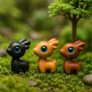 May include: Three wooden deer figurines in black, tan, and brown, each with large blue eyes. The deer are standing on a bed of green moss, with a blurred background of greenery and a small tree.