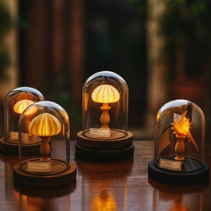 May include: A collection of decorative lamps featuring sea urchins and a seashell, each encased in a glass dome. The lamps emit a warm light, with wooden bases and stands. The sea urchin lamps have a yellow and white striped pattern.