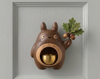 Handmade Totoro Wooden Doorbell: Brass Chime, Magnetic Mount
