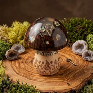May include: A decorative mushroom-shaped object with a dark brown, polished cap inlaid with iridescent stones. The stem is light-colored wood, etched with botanical designs. The mushroom sits on a wooden surface.