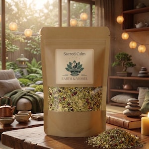 May include: A brown paper bag of herbal tea labeled "Sacred Calm" with a logo featuring a lotus flower and a teacup. The bag has a clear window showing the tea blend. The words "Earth & Vessel" are below the logo.