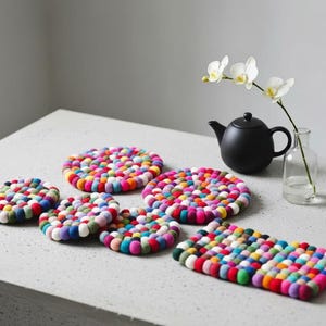 Felt Ball Trivet Set • Handmade Wool Pot Holder • Colorful Boho Table Mat • Round Hot Pad • Eco Friendly Kitchen Decor • Fair Trade Gift