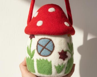 Handmade Needle Felt Mushroom House Bag - Enchanting Fairycore Crossbody Purse, Mushroom with Green Leafs Purse, Wool Felt Fairy Bag