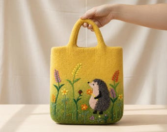 Bolso y monedero de fieltro de aguja con forma de erizo hecho a mano / Bolso de fieltro húmedo / Bolso de fieltro de lana artesanal / Bolso con diseño de fieltro de aguja