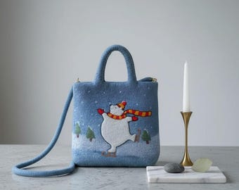 Handmade Felt Polar Bear Tote and Crossbody Bag – Winter Animal Purse