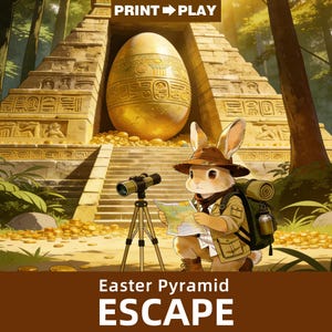 イースター脱出ゲーム。子供向け脱出ゲーム。家族で楽しめるパーティー用印刷可能ゲーム。パズルを解いて脱出。ピラミッドフォレストファクトリーアクティビティ