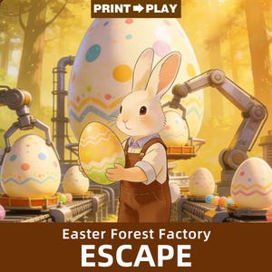 May include: An illustrated scene of a bunny holding a decorated Easter egg in a factory setting. The image features the text "PRINT → PLAY" at the top and "Easter Forest Factory ESCAPE" at the bottom. The background includes large decorated eggs.