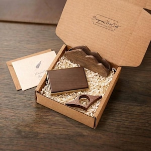 Employee Appreciation Gift Corporate Client Recognition Personalized Business Card Holder Walnut Book Thumb Spreader Executive Welcome Kit