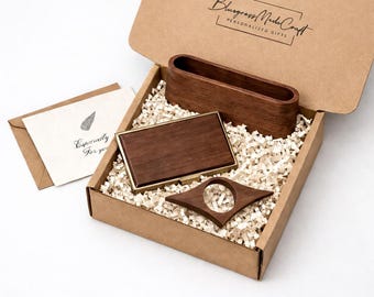 Employee Appreciation Gift Corporate Client Recognition Personalized Business Card Holder Walnut Book Thumb Spreader Executive Welcome Kit