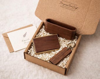 Personalized Corporate Gift Box Employee Appreciation Custom Business Card Holder Wood Keychain Set Executive Client Welcome Kit