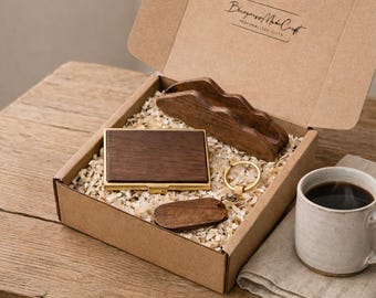Personalized Corporate Gift Box Employee Appreciation Custom Business Card Holder Wood Keychain Set Executive Client Welcome Kit