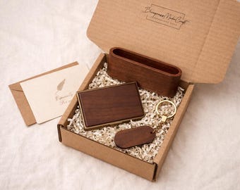 Personalized Corporate Gift Box Employee Appreciation Custom Business Card Holder Wood Keychain Set Executive Client Welcome Kit