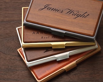 Personalized Walnut Wood Business Card Case, Custom Engraved Holder Wallet for Men Women Corporate Employee Father Dad Boss Promotion Him