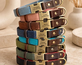 Gepersonaliseerde halsband en riem, echt leer gegraveerde naamgesp, verstelbaar gepersonaliseerd huisdiercadeau