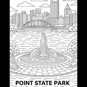 May include: Black and white line drawing of Point State Park in Pittsburgh, Pennsylvania. The image features a large fountain in the foreground, a river, a bridge, and a cityscape with tall buildings and clouds.