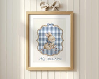 Grandmacore Cottagecore Bunny Printable, Vintage Nursery Lace Blue Gingham Rabbit Poster