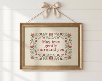 May Love Gently Surround You - Scripture Printable, Embroidered Cross Stitch Style Nursery Art