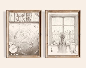 Farmhouse Children Sketch Prints Set of 2 Koi Pond Rainy Window Nursery Wall Art