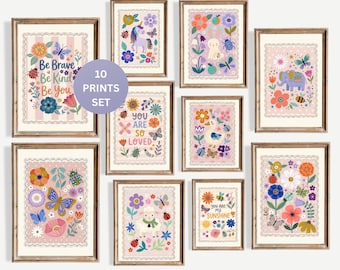 Purple Whimsical Girls Nursery Prints Set of 10 Floral Watercolor Wall Art Digital Download