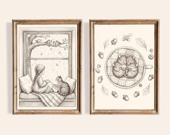 Farmhouse Woodland Nursery Prints Set of 2 Sleeping Mice Rainy Window Sketch Art