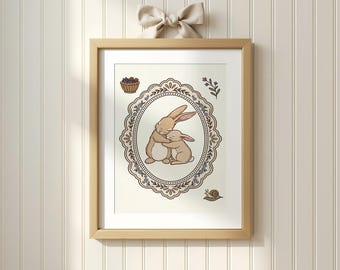 Vintage Nursery Illustration Cottagecore Bunny Printable, Beige Floral Rabbit Wall Art Poster