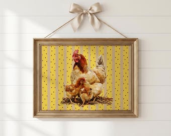 Vintage Chicken Nursery Print Farmhouse Baby Room Polka Dot Yellow Cottagecore Hen Printable