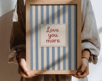 Love You More Christian Nursery Quote Wall Art Print, Blue Stripe Embroidered Style Decor