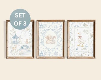 Set of 3 Chinoiserie Nursery Prints Blue Toile De Jouy Bunny Duck Wall Art