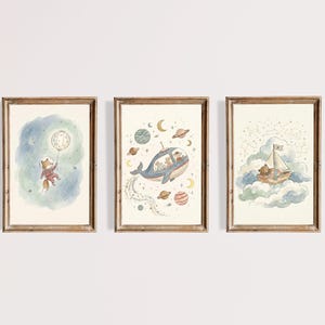Celestial Woodland Kinderzimmer Drucke Set von 3 Märchenbuch Weltraum Abenteuer Aquarell wunderliche Poster