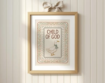 Child of God Nursery Wall Art, Goose Embroidered Folk Christian Sage Green Print