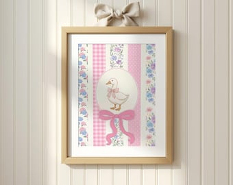 Vintage Nursery Pink Goose Bow Printable, Grandmacore Cottagecore Floral Wall Art Poster