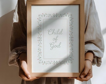 Child of God Nursery Wall Art, Embroidered Christian Folk Nursery Print Bible Verse Poster