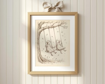 Sisters Nursery Wall Art, Vintage Swing Illustration Printable, Twin Girls Room Decor