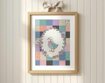 Grandmacore Cottagecore Goose Bow Printable, Vintage Patchwork Nursery Wall Art Poster
