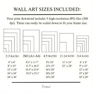 May include: A white graphic with text detailing wall art sizes, including 2:3, ISO (A1-A4), 4:5, 11:14, and 3:4 ratios. Each ratio lists corresponding inch dimensions for print sizes, such as 4" x 6", 8" x 10", and 11" x 14".