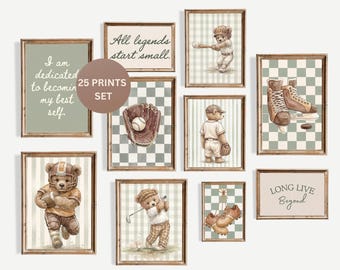 Vintage Sports Nursery Decor: Teddy Bears, Sage Green Watercolor 25-Prints Set (Digital Download)