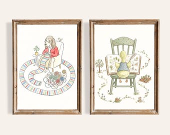 Storybook Animal Nursery Prints Knitting Bunny Duck Reading Watercolor Children Bedroom Wall Decor Set