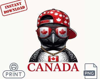 Canada Penguin PNG Patriotic Maple Leaf Bird Digital Printable Red White Streetwear Artwork