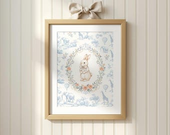 Blaue Chinoiserie Hase Kinderzimmer Druck Französisch Toile De Jouy Floral Wall Art druckbare Dekoration
