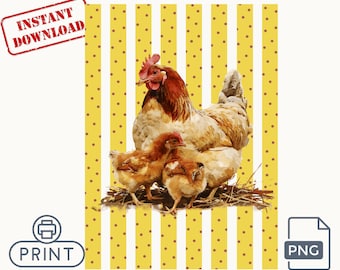 Chicken Family Nursery PNG Farmhouse Printable Yellow Striped Polka Dot Vintage Wall Art